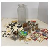 Vtg Ground Glass Jar, Sewing Items & Buttons