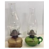 Antique Green Glass Oil Lamp & Stained Clear