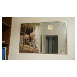 Hanging mirror with painted flamingo scene