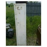 White metal storage cabinet, vintage bread box