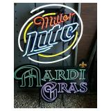 Miller Lite Mardi Gras neon bar sign