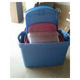 Totes, 3 large and 2 smaller totes with lids.