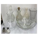 Assorted decanters,glass bowls and salt and