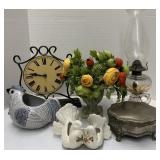 Clock, vintage oil lamp 14.5", bracelet box, and