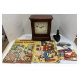 Howard Miller clock, vintage iron, hay broom and