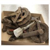 Flat of vintage tools including barn pulleys,