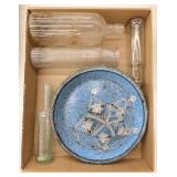 Flat of Vtg Glass Bottles, Tin Dishes & Beaded