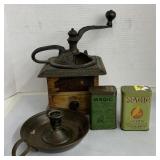 Vintage coffee grinder, candle holder and magic