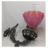 Converted Oil Lamp w/ Cranberry Glass Shade and