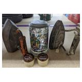 Decorative Flat Irons and Stoneware Mini Jug Salt