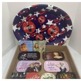 Flat of various coasters, magnets and Coca-Cola
