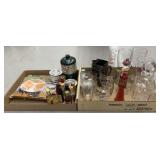 Trays of drink glasses, camping items and vintage