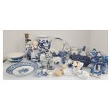 Blue and white assorted figurines, vases, bells