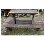 Outdoor wood table and bench. Table measures