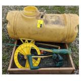 Lot of Lawn Sprinklers, Sieve, and Sprayer Tank