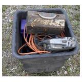 Tub of tools including sander, extension cords,