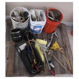 Pallet lot of sprinklers, toolbag, faucet seats