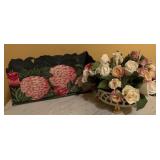 Silk flowers w/metal plant holder, 14" L x 7" H.