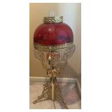 Vintage Cranberry glass lamp w/gold finish, 39"
