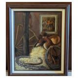Framed painting of horse stable signed by artist-