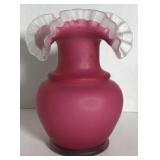 9.5" Fenton cranberry satin glass double crimped