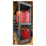 Plastic shelving unit w/ gasoline cans
 34"w
