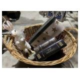 Basket including rabbit figurine, and various