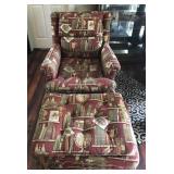 Arm chair and ottoman with patterned upholstery