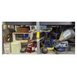 Shelf includes Amplifier, Cast Iron Pans, Tape,