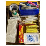 Flat of work supplies incl. Markers, hot glue