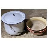 Lot w/ Metal Enamel Pot and Animal Bowls