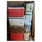 Lot of Coolers, 5 gal. buckets, & small metal desk