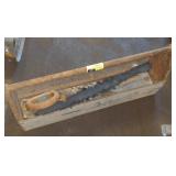 Wooden tool box with contents 31"w