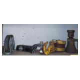 Contents of shelf w/Hitch, Jack, Pulley, Casters
