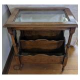 (G) Wooden end table with magazine rack and glass