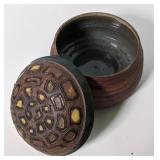 (R) Signed raku inspired art pottery covered dish
