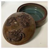 (R) Raku inspired art pottery covered dish with