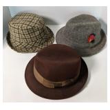 Vintage fedoras including a brown Stetson,
