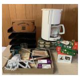 Coffee maker, coffee filters, file organizer,