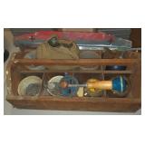 Wooden tool caddy including contents