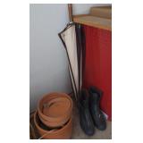 (G) Lot with Clay Flower Pots, Rain Cover Boots,