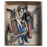 Flat of assorted tools including Hand drills,