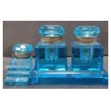 (AO) Blue Glass Ink Wells approx 4" x 2"