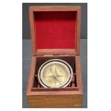 (AO) Old compass in wooden box.  Box measures 4.5