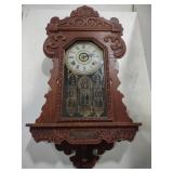 (P) Antique ornate wooden wall clock measuring