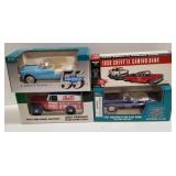 (JD) Lot of 4 die cast cars and  coin bank