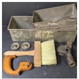(DL) Lot of metal trays, brush, wooden handsaw