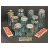 Lot Of Vintage Blue Glass Mason Jars & More