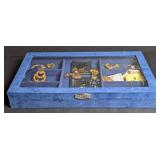 Jewelry box & contents. Costume pierced & clip-on