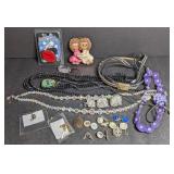 Beaded necklaces, rock necklace, buttons,